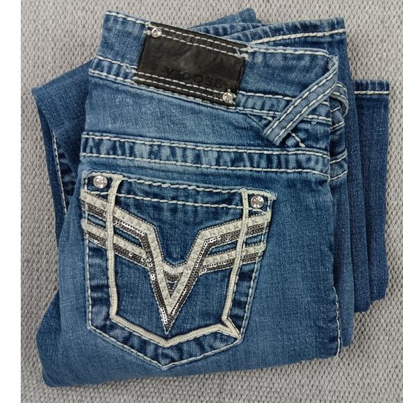 Vigoss Chelsea Boot Cut Jeans Women 27X32 Blue Fade Whiskered Jeweled Stretch - Picture 3 of 12